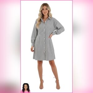 Express Striped Fitted Poplin Long Sleeve Mini Shirt Dress | Size Large